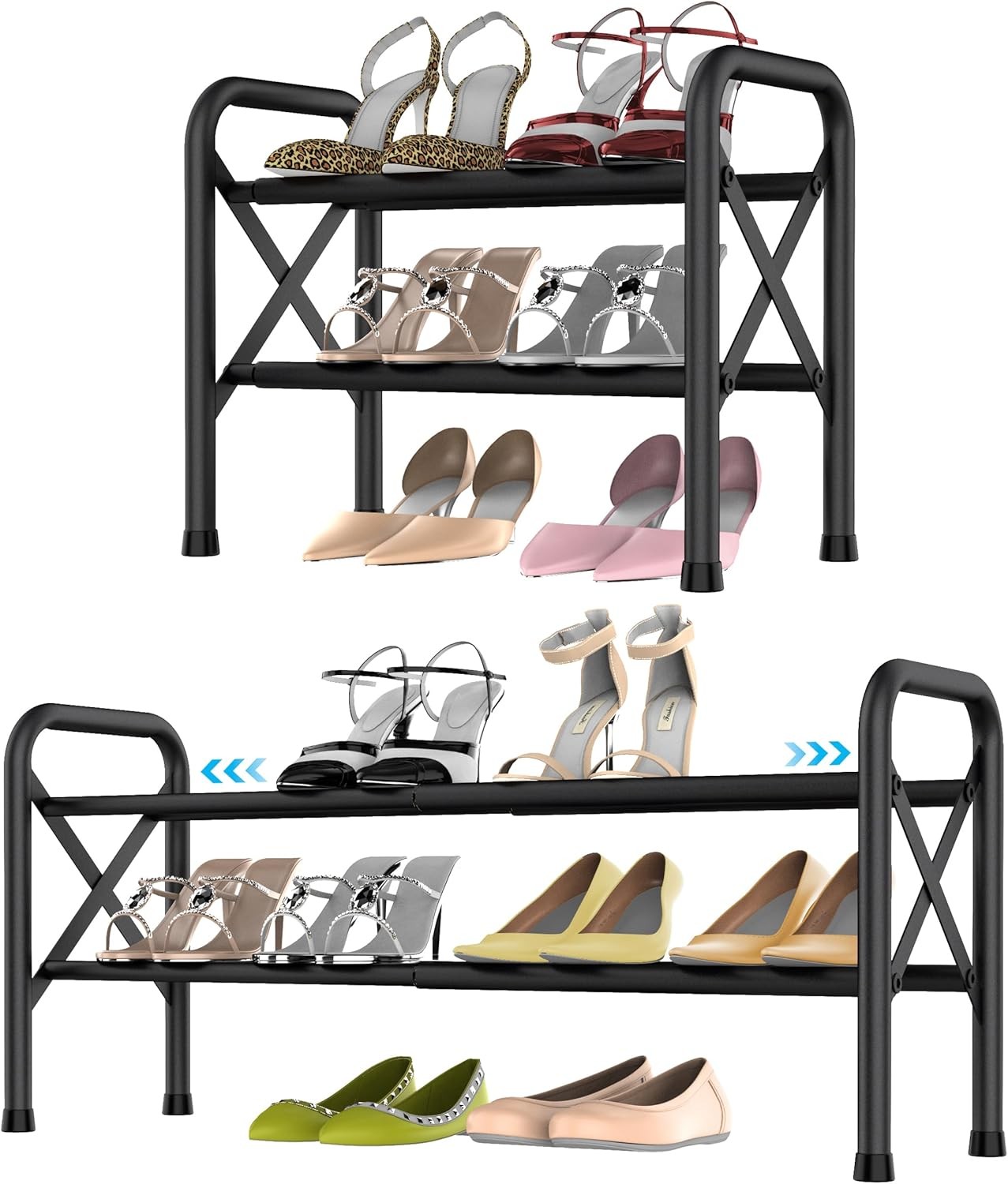 2-Tier Expandable Closet Shoe Rack Adjustable Black Organizer