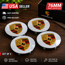 4 Porsche Silver Center Caps Concave 76mm Royal Crest 992 Cayenne 911 Carrera