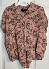 Jessica Simpson Women's Pink Floral Short Sleeved Button Up, Tie Top, Viscose, L