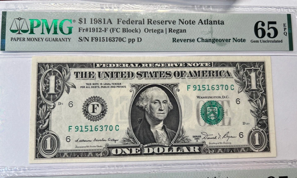 Both! 1981 $1 Federal Reserve Note Fr#-F1912 Reverse Changeover MULE PMG 65! - Image 2 of 4
