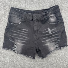 SheIn Womens Black Distressed Denim Shorts Frayed Hem Stretch Mid Rise Size M