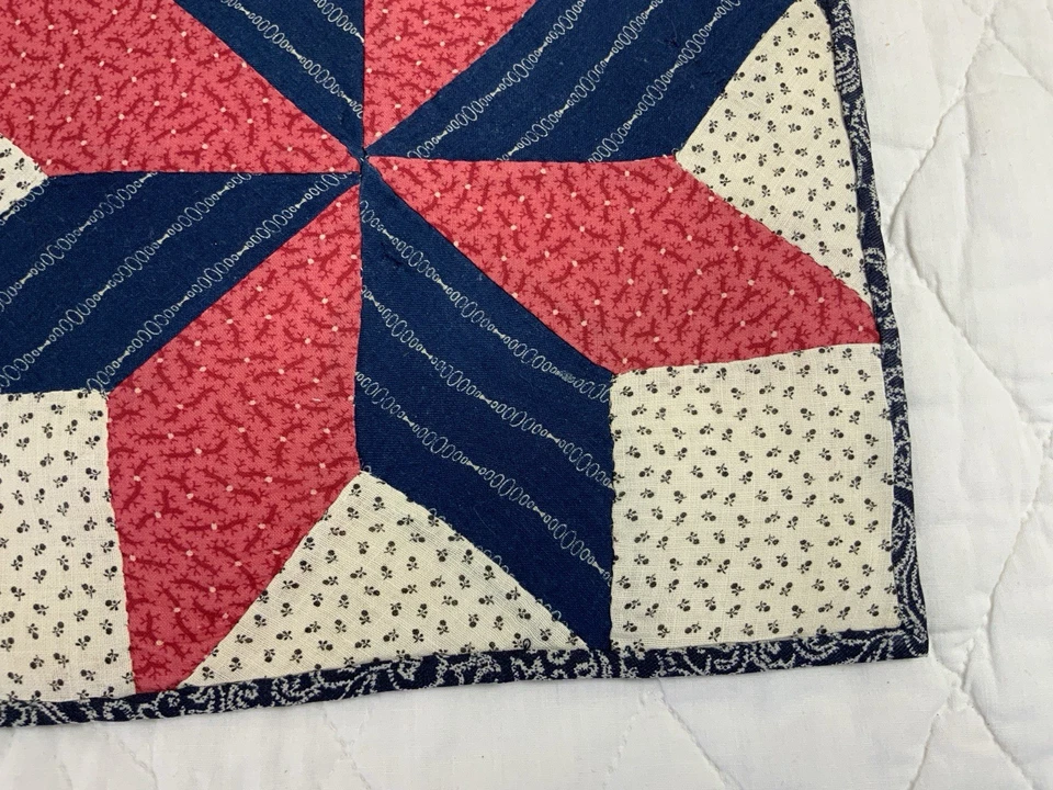 Antique Vintage Patchwork Quilt Table Topper, Star, Early Calicos, Pink, Navy - Image 3 of 4