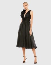 MAC DUGGAL Size 0 Black 70165 Plunging V Neck Ruffled A-Line Cocktail Dress Midi