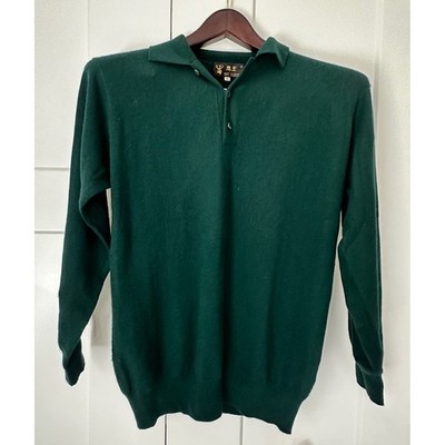 King Deer 100% Cashmere Polo Sweater Mens 40 Forest Green Long Sleeve Pullover