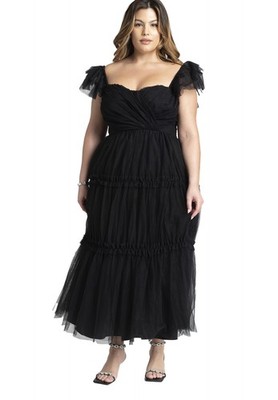 ELOQUII Women's Plus Size Flutter-Sleeve Tulle Midi Dress - 14, Black Onyx
