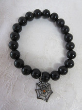 Halloween Black Beaded Bracelet with Spider Web Charm, Excellent 