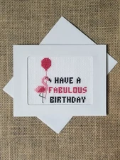 Completed Finished Cross Stitch Fabulous Birthday Flamingo Blank Note Card