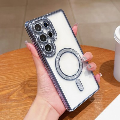 For Samsung A14/A15/A55/A56 Pating Bling Glitter Diamond Magnetic Clear Case 