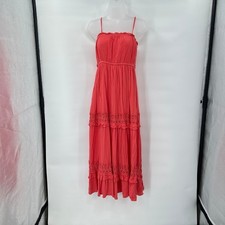 Boho Coral Maxi Dress Small Crochet Lace Trim Tiered Indie Fairy Sundress