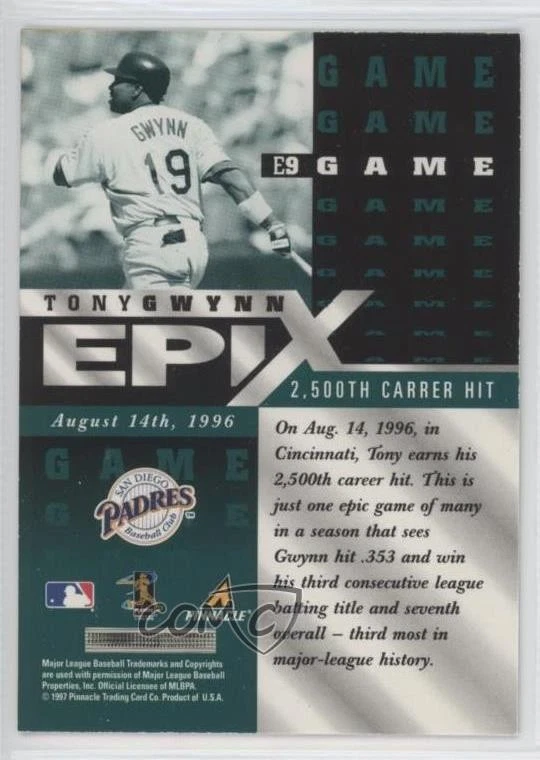 1998 Pinnacle Epix Game Emerald Tony Gwynn #E9 HOF - Image 2 of 2