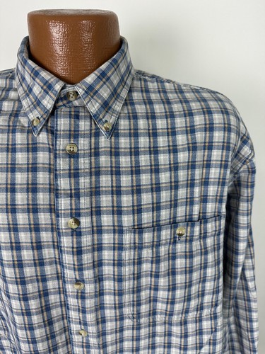 Vintage 90s Trader Bay Oxford Shirt Men Large Gray Blue Plaid Long Sleeve Heavy - Picture 2 of 17