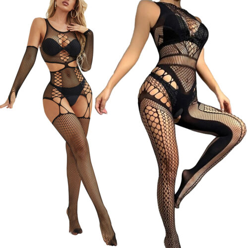 Womens Fishnet Bodystocking Lingerie Bare Breast Crotchless Bodysuit NIghtwear - Picture 1 of 117