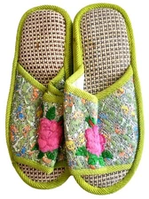 Green Floral Embroidered Shoe Slipper with Rubber Sole Size Medium