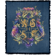 Harry Potter Blanket, 50"x60" Hogwarts Floral Crest Woven Cotton Blend Throw