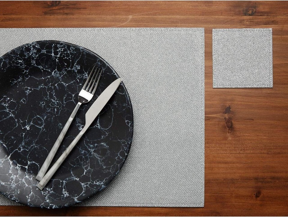 4 x Silver Glitter Square Coasters PVC Placements Beer Tea Coffee Table