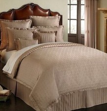 Luxury Hotel ATHENA KING BEDSKIRT~2 EURO SHAMS~TAUPE~BLUE~GOLD NIP $169~3 PC SET