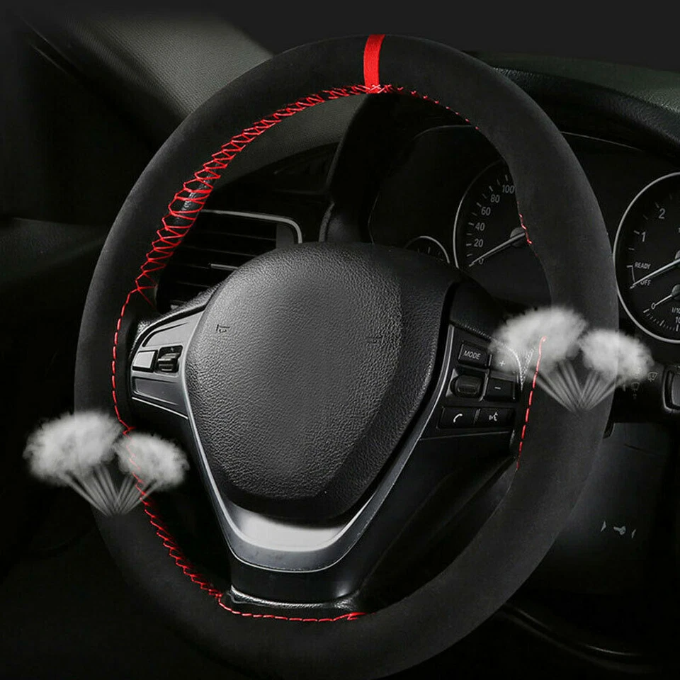 Red Suede Leathe Car Steering Wheel Cover Non-Slip Protector 38cm Accessories - Image 2 of 4