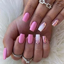 Press on Nails Short Medium Coffin, Fake Nails for Women with Pink White Gold 