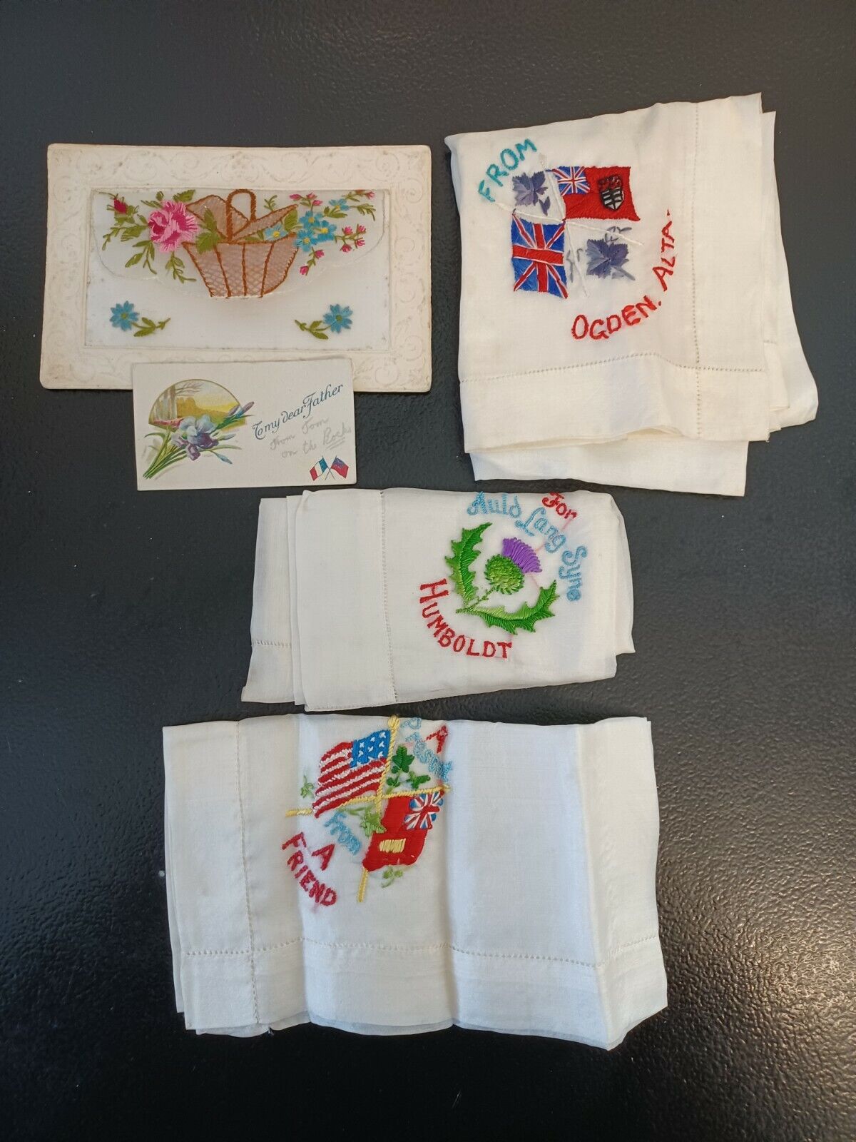WW1 Silk Postcard & 3x Embroidered Handkerchiefs World War 1 Militaria