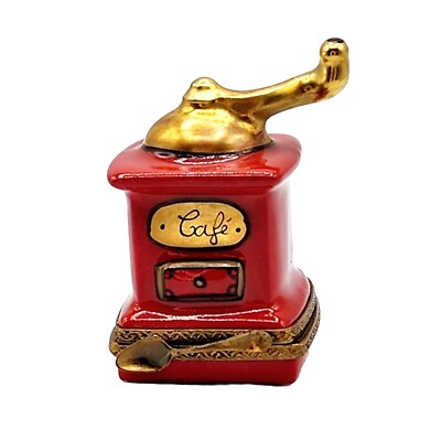 Limoges France Peint Main Red Vintage Coffee Grinder Porcelain Trinket Box
