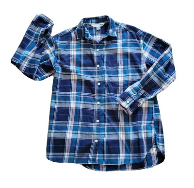 Old Navy Shirt Women Small Blue Green Plaid Boyfriend Button Down  Longsleeve Top