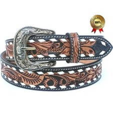 Western Genuine Leather Floral Belt with Silver Buckle and White buckstitch