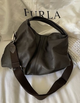 FURLA Hobo Pebbled Leather Dark Brown Bag With Cross Body Strap - Italy