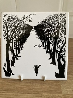 Keramik schwarz & weiß Kunst Fliese Untersetzer Topf Ständer ''Die Katze, die alleine ging''