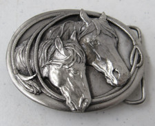 Vintage 1983 Siskiyou 3" Pewter Belt Buckle Western Double Horse Head with Ropes