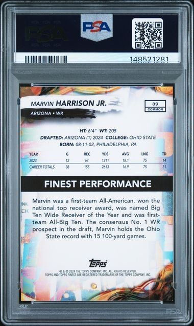 2024 Topps Finest #89 Marvin Harrison Jr. Rookie Red Refractor 4/10 RC PSA 8 view 2