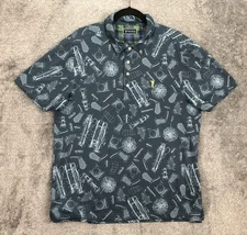 William Murray Polo Shirt Mens Large Blue Golf Blueprint Print Performance