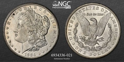 1884 CC MORGAN SILVER DOLLAR NGC MS63 White coin w/ toning spot