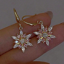 Womens Gold Hoop Earrings CZ Snow Crystal Dangle Drop Elegant Fashion Jewelry