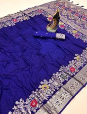 Aufgetrennt Weich Dolla Seide Blau Saree Bluse Material Gala Hals Party Festlich