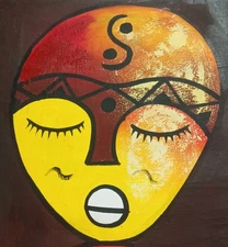 JOJO FEKWA "AFRICAN MASKS PORTRAIT" ORIGINAL OIL PAINTING ON CANVAS
