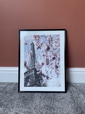 Desenio Paris Eiffel Tower Pink Blossom Print In Black Frame 30x40