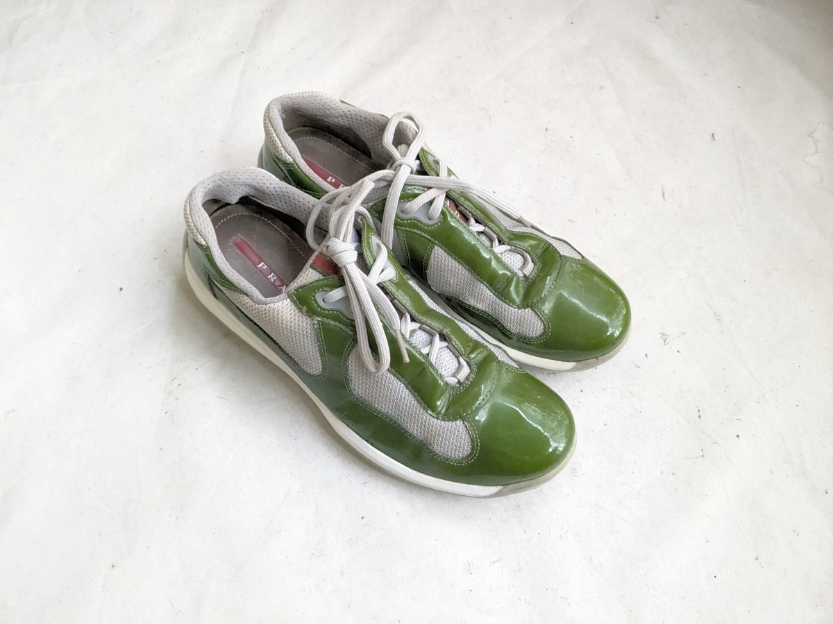 Prada America's Cup Sneakers Men 9 Green Patent Leather Silver Low