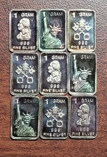 (9) 1 Gram .999 Fine Silver Rainbow Toned Mini Bars Silver Bullion