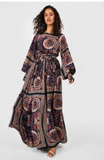Boohoo Shirred Waist Scarf Print Maxi Dress Womens 14 New
