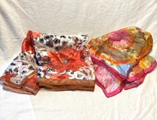 2-J Francis Pink Blue Brown Silk Scarves 62”X 20” Silver Thread