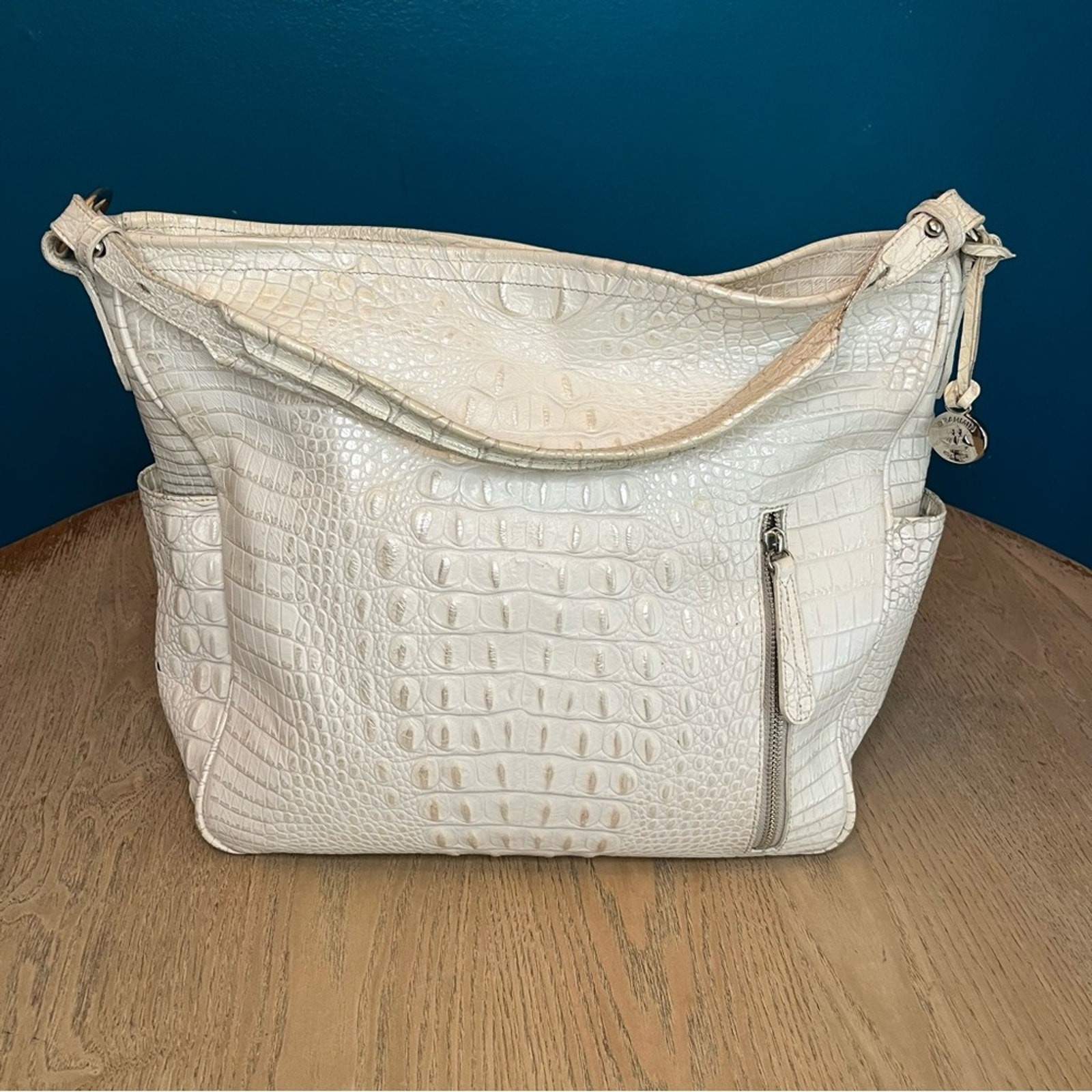 Brahmin Hobo Crocodile Embossed Slouchy Leather Bag Pearl White Large Purse