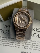 Michael Kors Lennox Womens Glitz Watch Pave Crystal MK Logo Dial, Rose Gold Band
