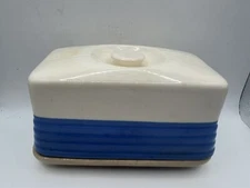 Vintage Art Deco Cream & Blue Butter Dish, Refrigerator Dish. Small chip on base
