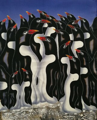 I Pinguine I Signierte Original Batik aus Bali I  Baumwolle I Maße: 92 x 72 cm I