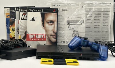 Sony PS2 Slim Black Console 1 Controller 5 Games 3 Memory Cards Manual  Tested