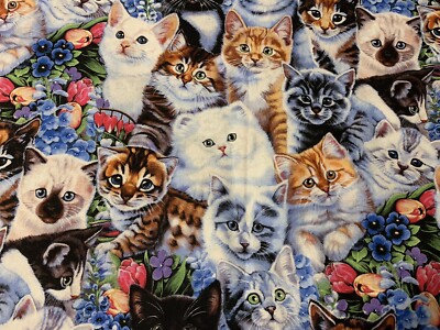 1yd Cat Portrait Floral Cotton Fabric Jenny Newland Kitty Kitten Flowers Spring