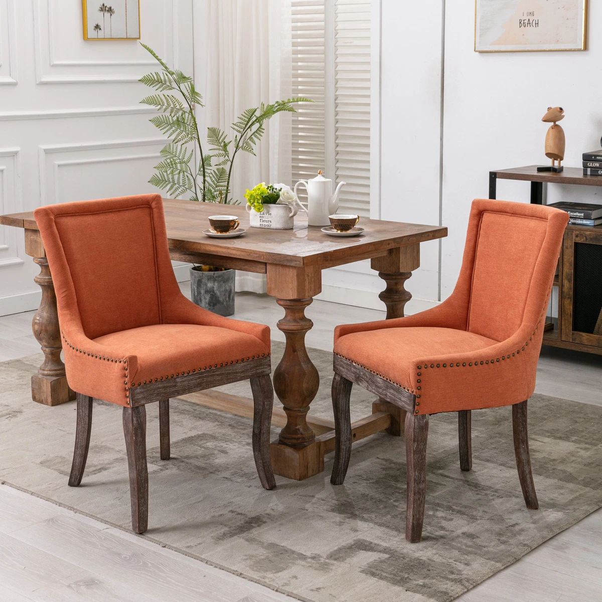 Set of 2 Fabric Dining Room Chairs Kitchen W Bronze nail head