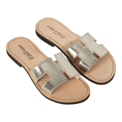 Sandali bassi oro ARTIGIANALI in vero cuoio ad H donna 100% Made in Italy 