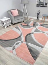 New Blush Pink Grey Rugs UK Swirl Design Small Medium Extra Large Size Floor Mat