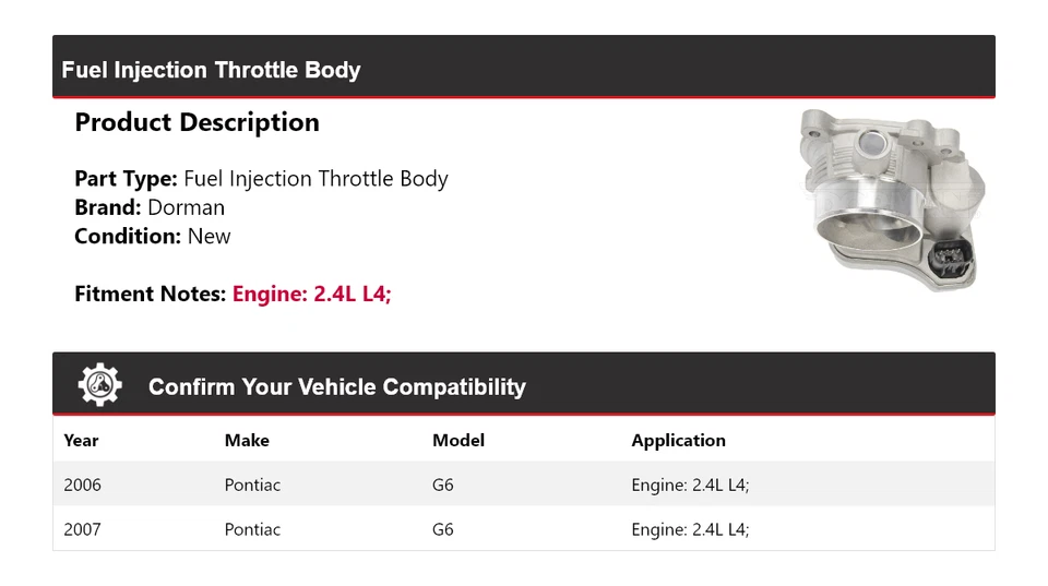 Cuerpo de acelerador de inyección de combustible Dorman 2,4 L L4 2006-2007 Pontiac G6 Foto 2 de 4